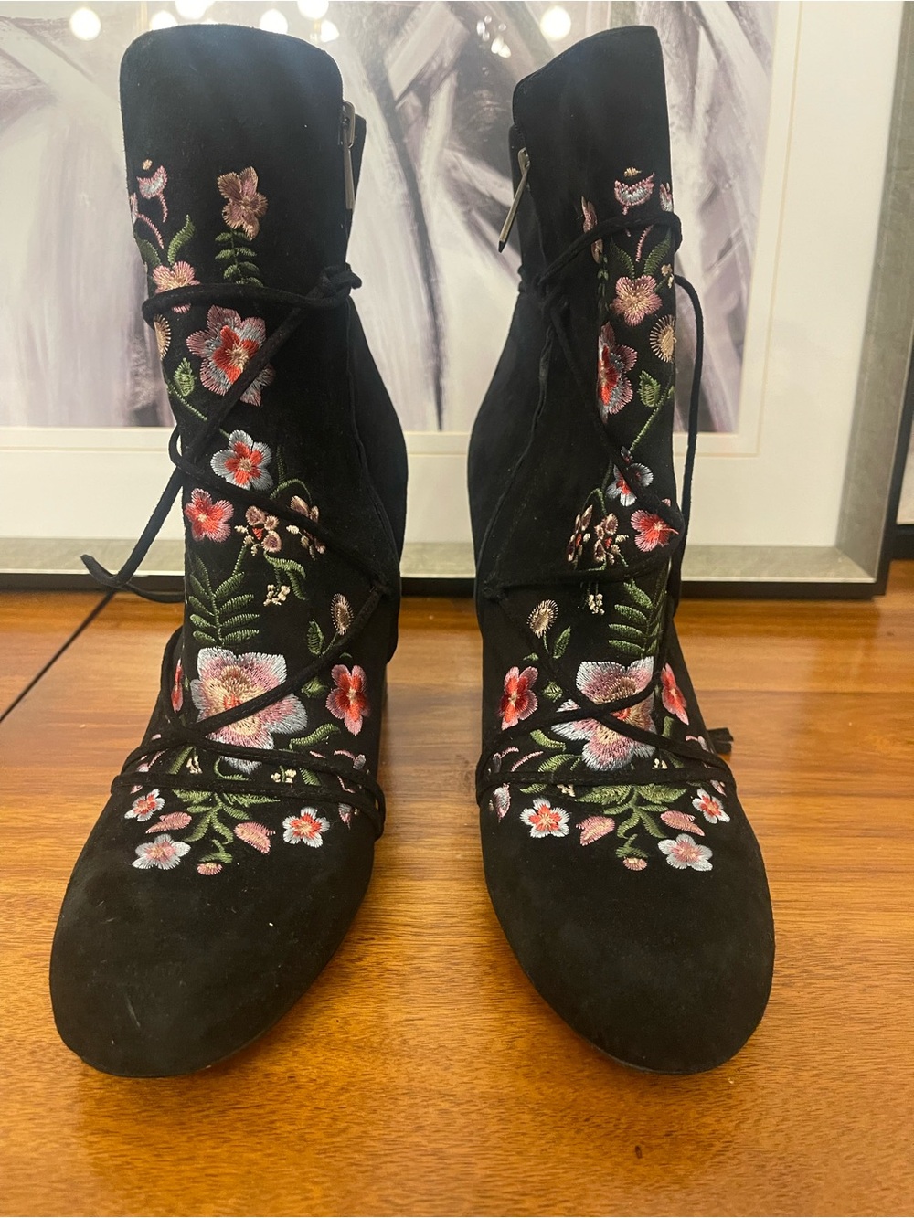 Sam Edelman Black Lace-Up Ankle Boots with Pink & Green Floral Embroidery